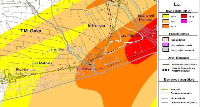 Situaci del projecte del Bara Parc al litoral de Viladecans (marcat en color blanc), al costat de Gav Mar, dins del mapa estratgic del soroll de l'aeroport de Barcelona-El Prat publicat per AENA el desembre de 2008